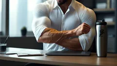 Svalnatý muž v bílé košili sedí u stolu v kanceláři s proteinovým shakem