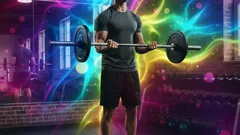 Muž cvičí s činkou v posilovně s barevným neonovým pozadím, fitness motivace