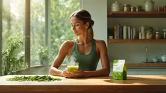 Žena u stolu s práškem matcha, zelený čaj, zdravý životní styl, slunečná kuchyně