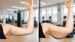 Porovnání paže před a po posilování v posilovně, růst svalové hmoty na bicepsu.