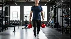 Muž cvičí v posilovně s kettlebell v každé ruce, fitness trénink, moderní tělocvična