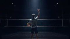 Badmintonista na kurtu pod reflektorem připravuje podání v temné hale.