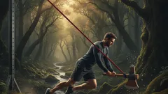 Muž seká sekerou strom v temném lese za svítání, silueta sportovce v přírodě