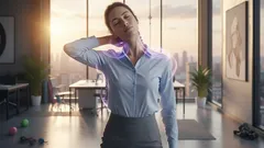 Žena v kanceláři trpící bolestí krku při práci u počítače, ranní slunce za oknem.